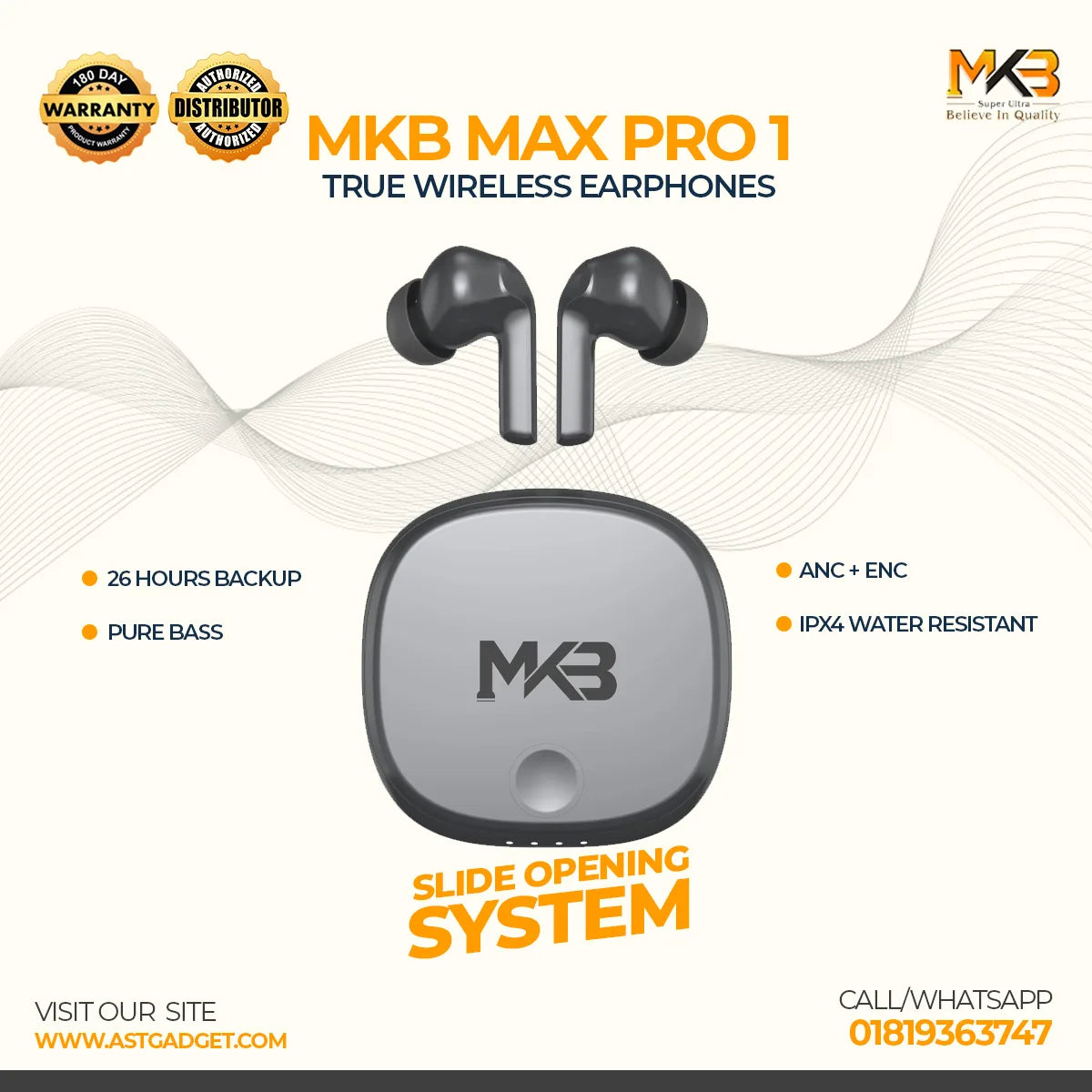 MKB MAX PRO1 ANC +ENC(Dual Mic) True Wireless Earphones