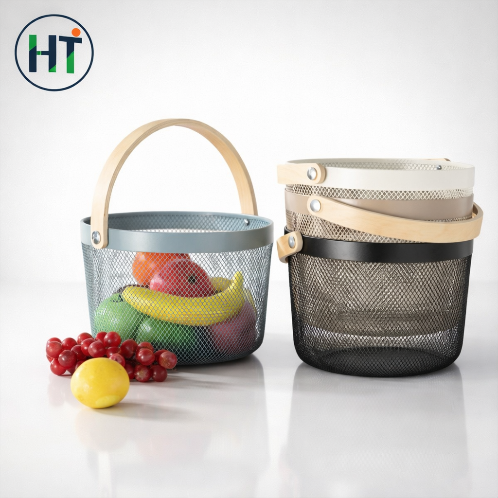 Multifunction Metal Kitchen Storage Basket with Wooden Handle