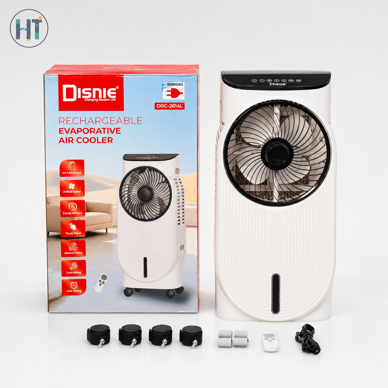 Rechargeable Evaporative Air Cooler with 9 Wind Speeds, Touch Panel & 1–9 Hour Timer DISNIE DRC-2614L 15L
