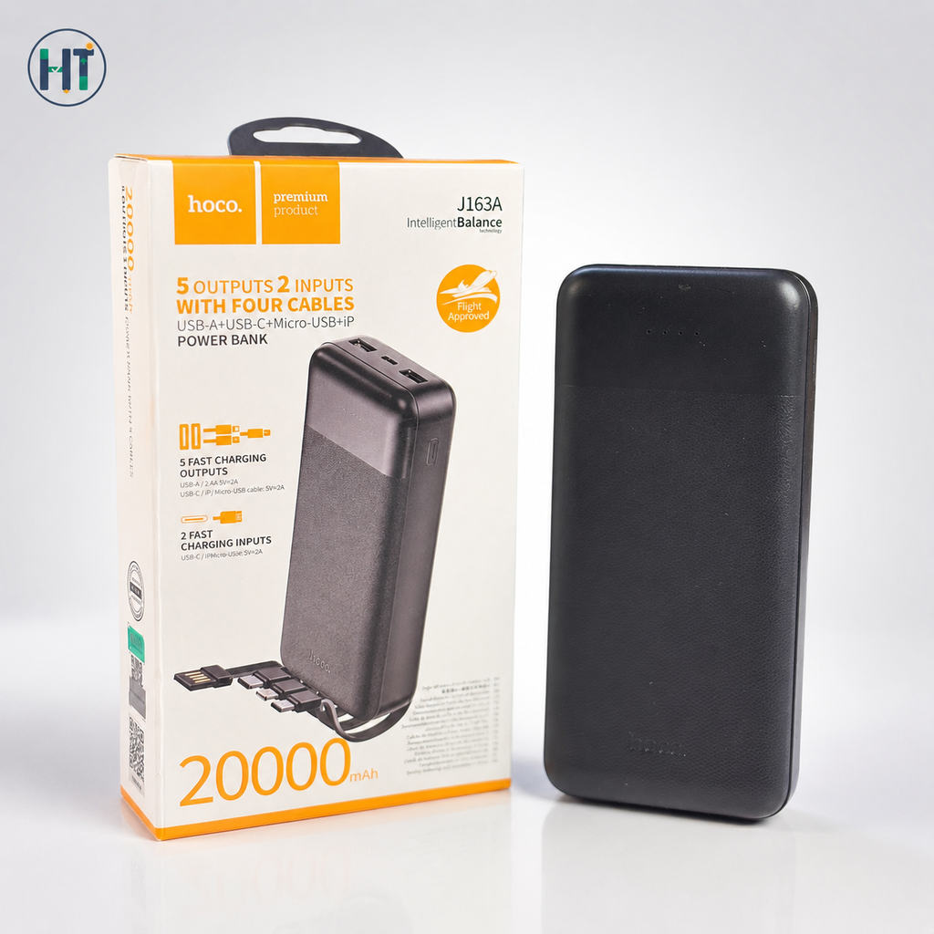 hoco J163A 20000mAh Power Bank – 5 Outputs 2 Inputs with 4 Built-in Cables