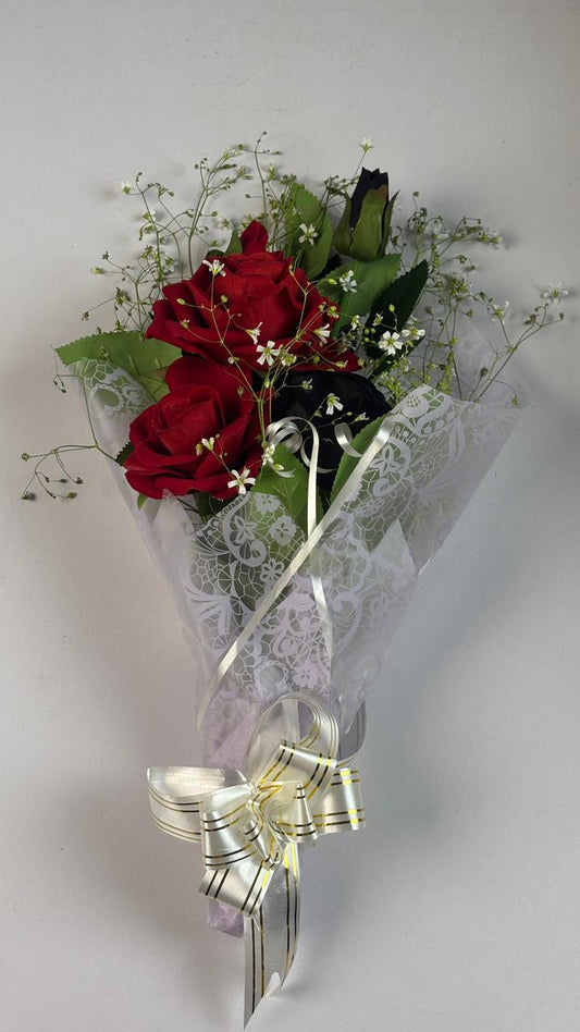 Artificial Red & Black Roses in Soft White Wrapper