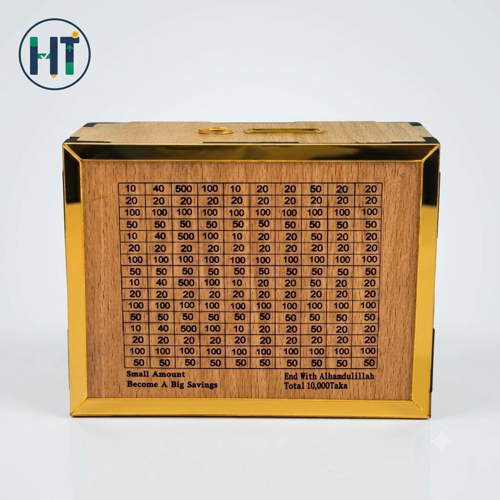 Premium Wooden Money Saving Box (10,000 Taka Target) – Smart Piggy Bank