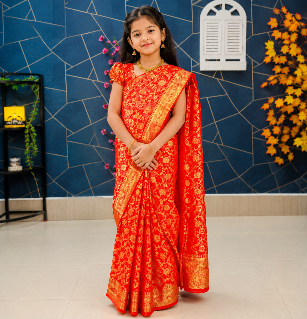 Girls Katan Saree for 6–10 Years – Premium Party Wear Kids Saree