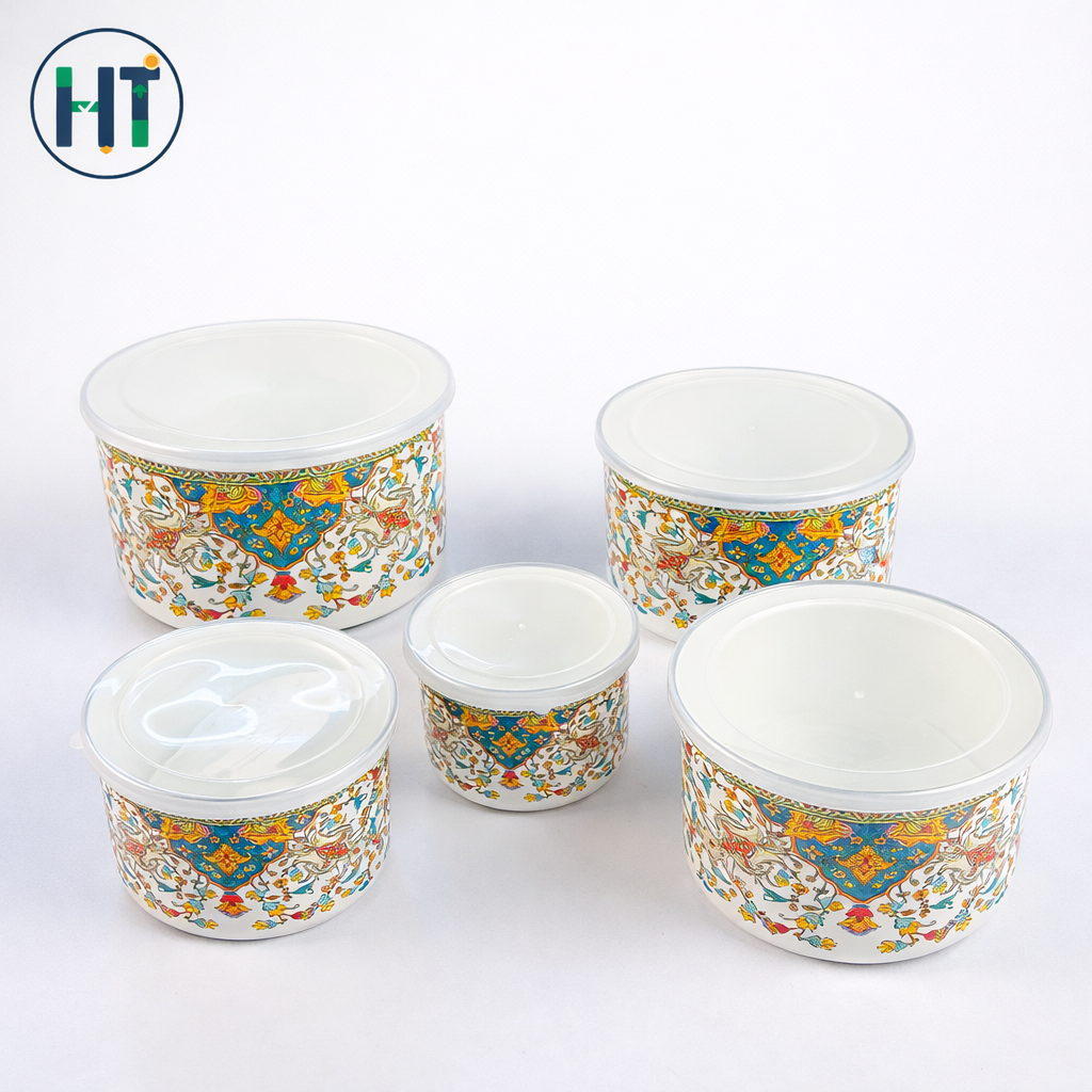 5 Pcs Enamel Storage Bowl Set with Plastic Lid – Multi-Size Kitchen Food Container Set