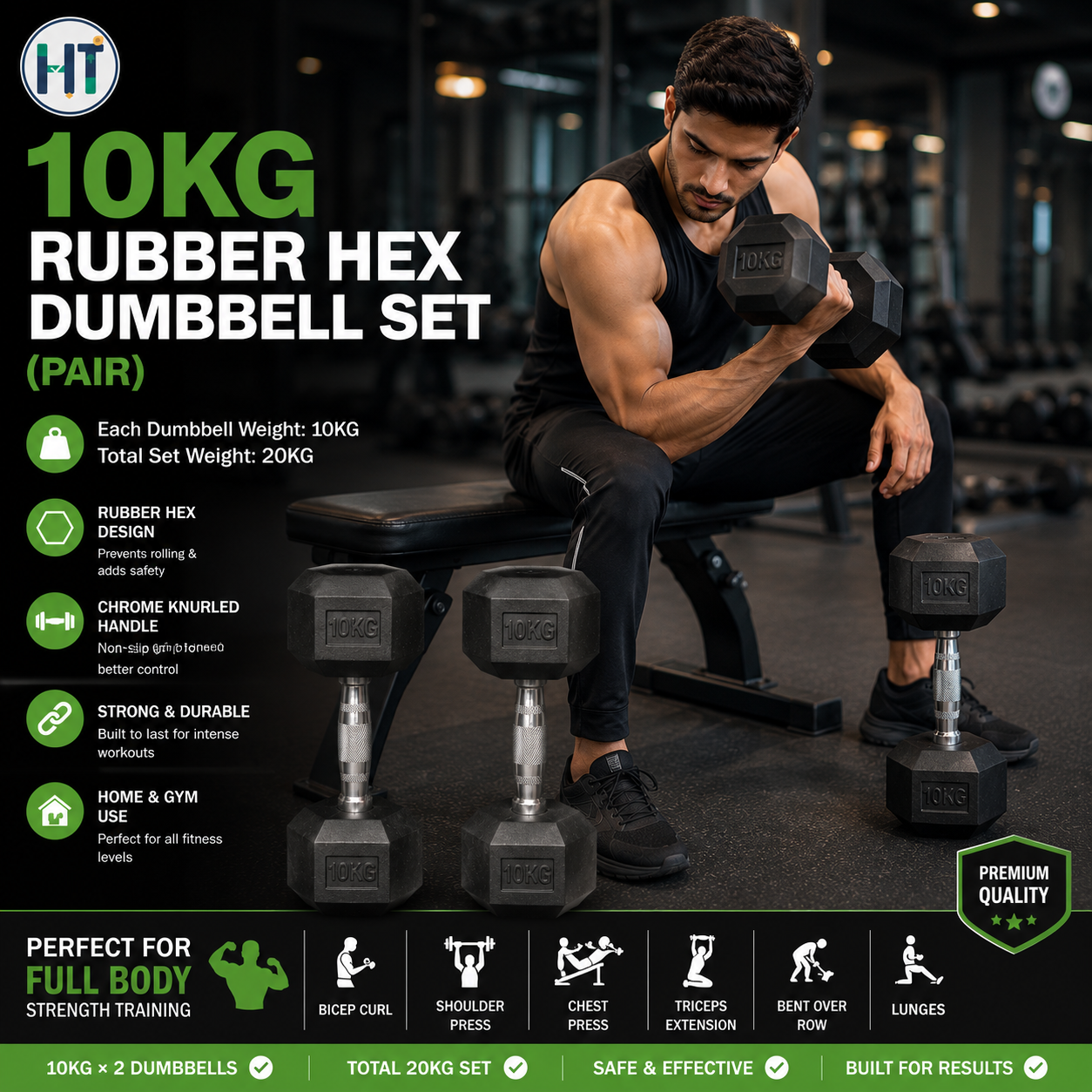 10KG Rubber Hex Dumbbell Set (Pair)