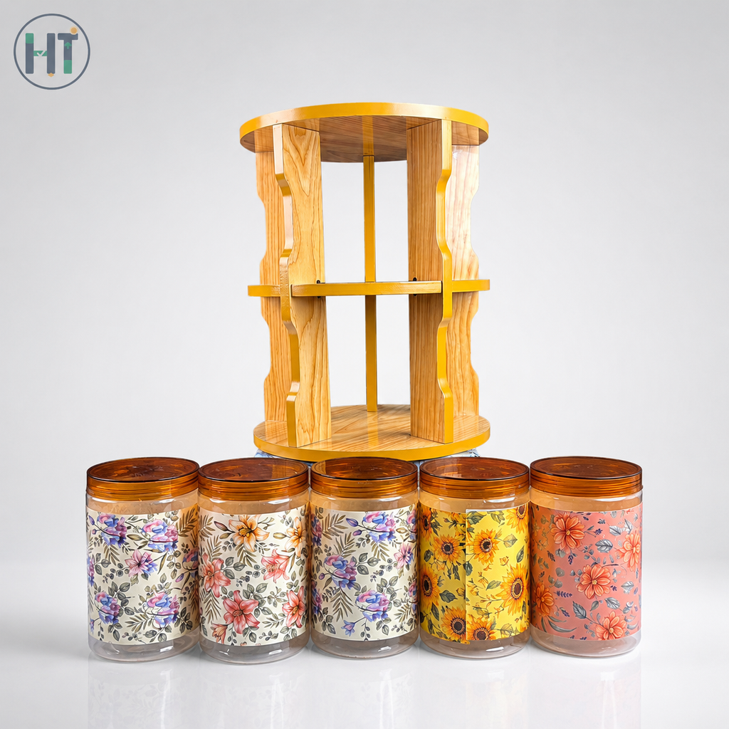 10pcs Floral Spice Jar Set with Wooden Organizer Rack
