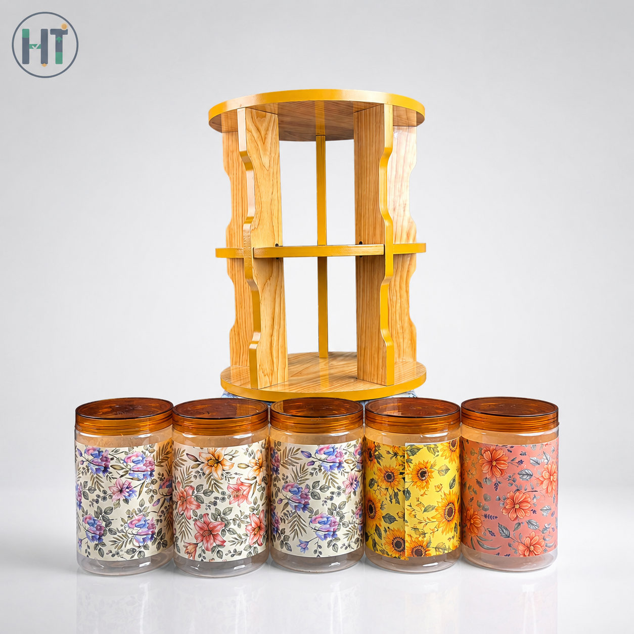 10pcs Floral Spice Jar Set with Wooden Organizer Rack