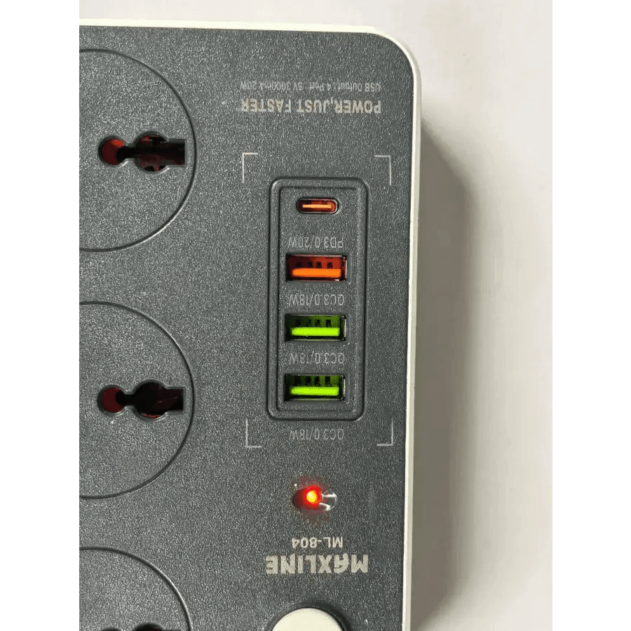Maxline 3 Socket & 4 USB With Lightning Port Fast Charging Multiplug - HT Bazar