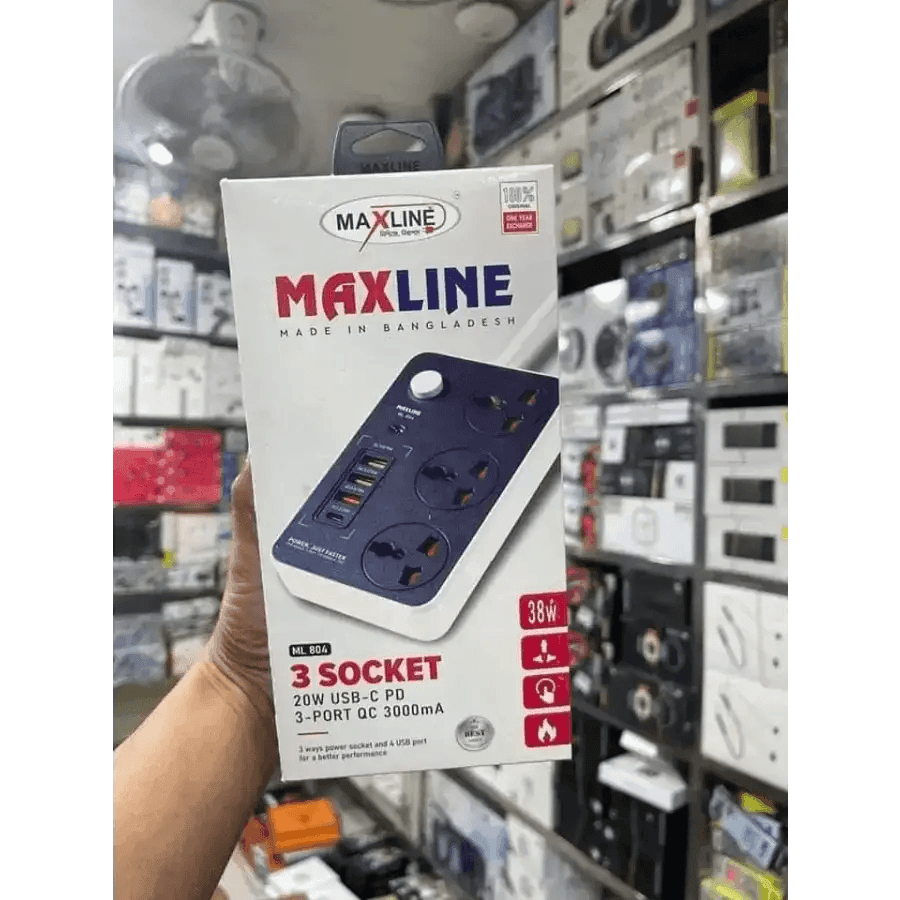 Maxline 3 Socket & 4 USB With Lightning Port Fast Charging Multiplug - HT Bazar
