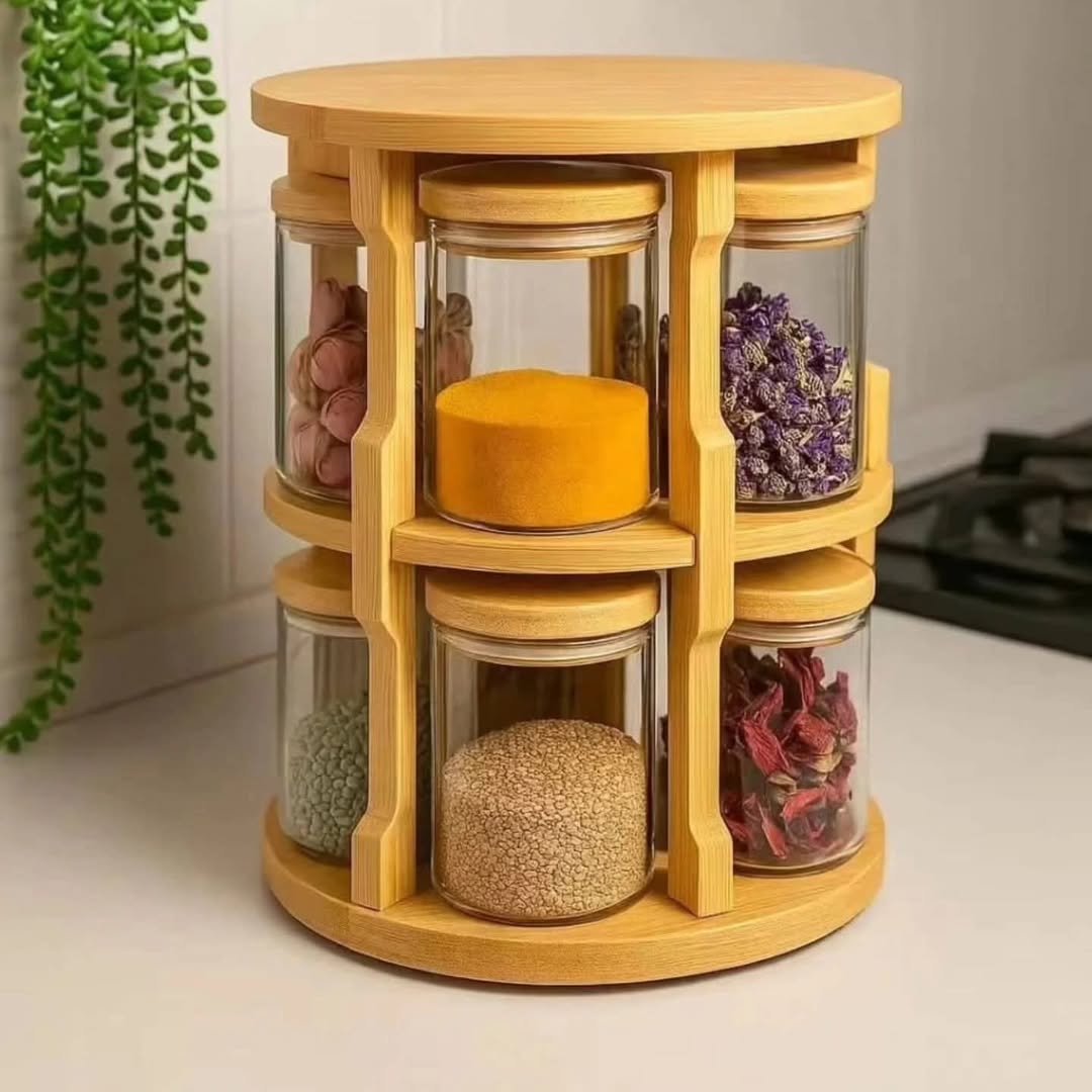 Bamboo Revolving Spice Rack – 10 Glass Jar Set